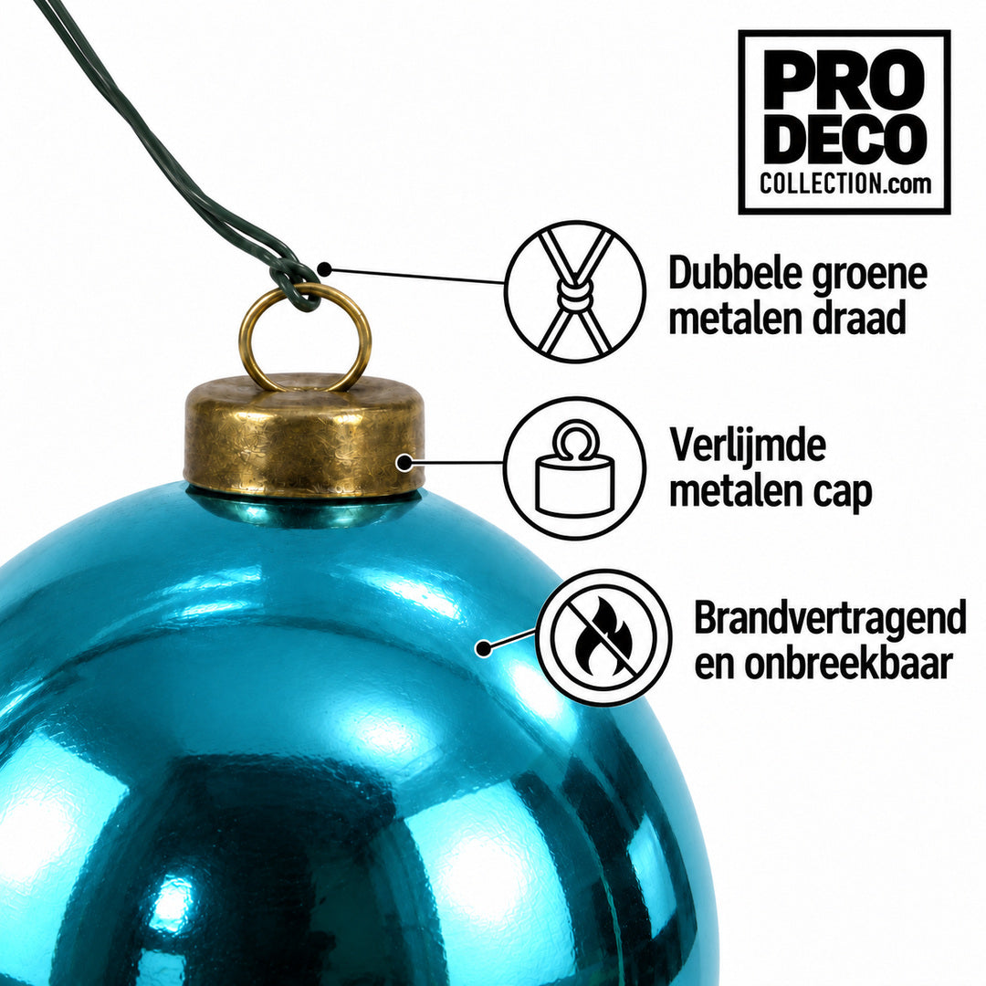 Pro Deco Collection kerstbal aquablauw glans, diameter 10 cm, detail van metalen cap en groene bevestigingsdraad