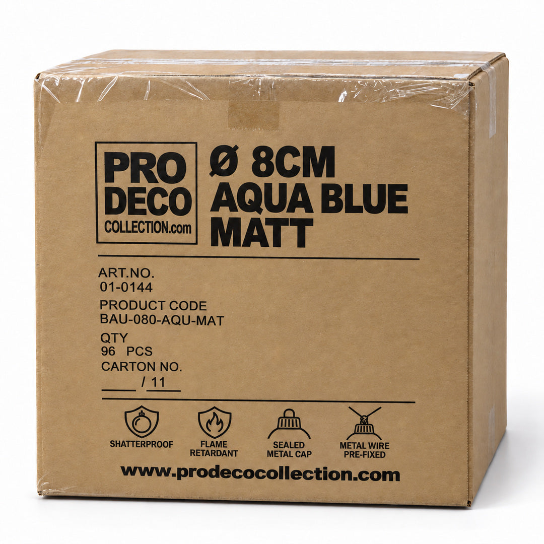 Pro Deco Collection kerstbal aquablauw mat, diameter 8 cm, omdoos met 96 stuks, artikel 01-0144
