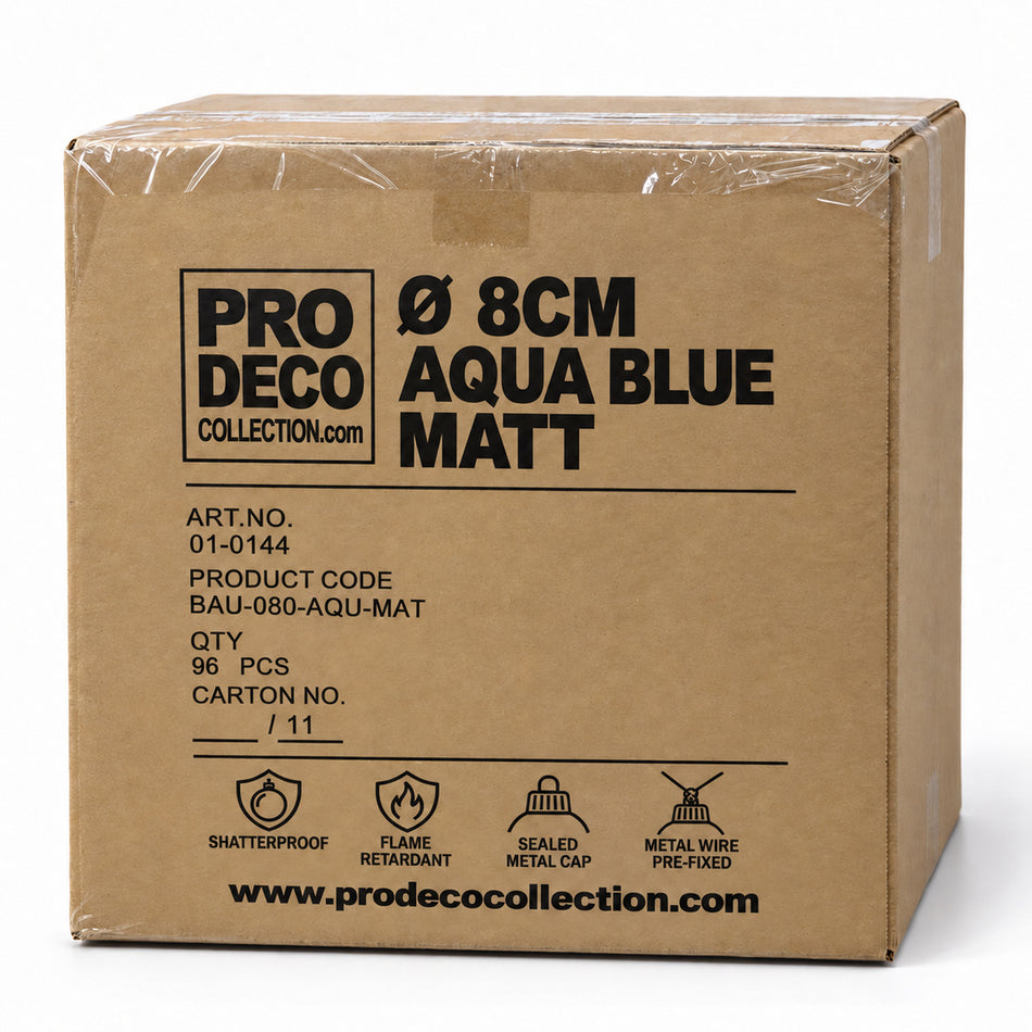 Pro Deco Collection Christmas bauble, aqua blue matt, 8 cm diameter, outer carton with 96 pieces, article 01-0144