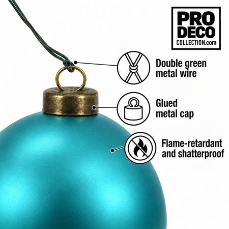 Pro Deco Collection Christmas bauble, aqua blue matt, 8 cm diameter, detail of the metal cap and green fixing wire
