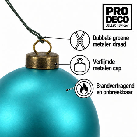 Pro Deco Collection kerstbal aquablauw mat, diameter 8 cm, detail van metalen cap en groene bevestigingsdraad