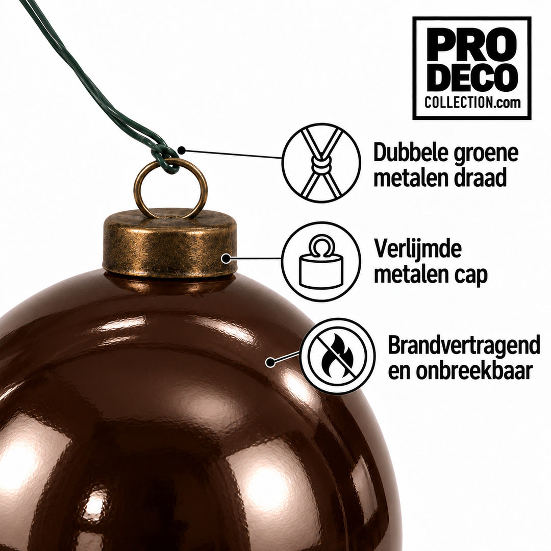Pro Deco Collection kerstbal bruin glans, diameter 10 cm, detail van metalen cap en groene bevestigingsdraad