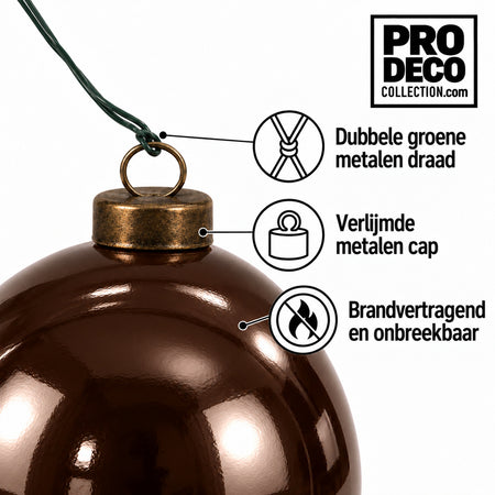 Pro Deco Collection kerstbal bruin glans, diameter 10 cm, detail van metalen cap en groene bevestigingsdraad