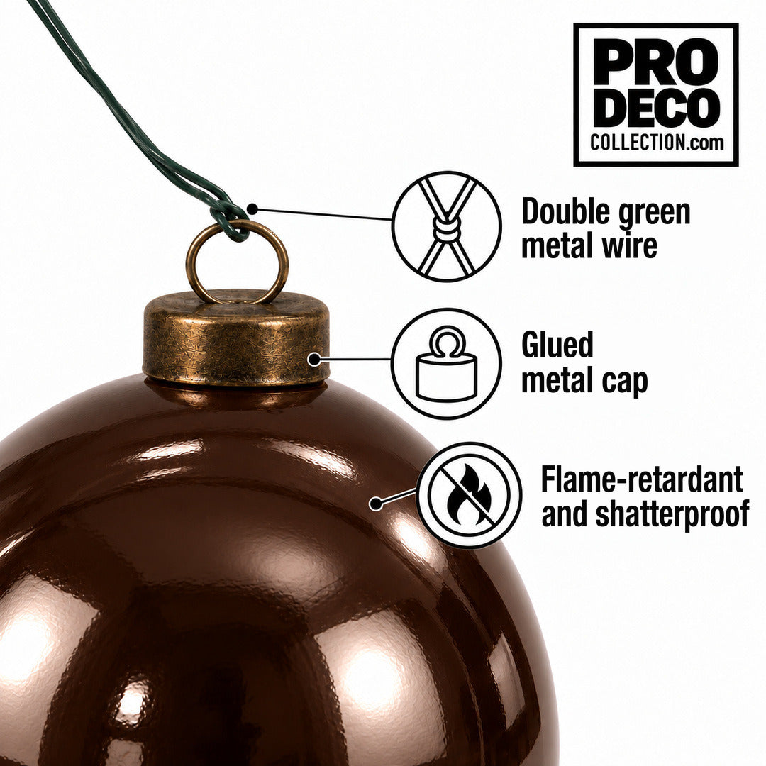 Pro Deco Collection Christmas bauble, brown shiny, 8 cm diameter, detail of the metal cap and green fixing wire