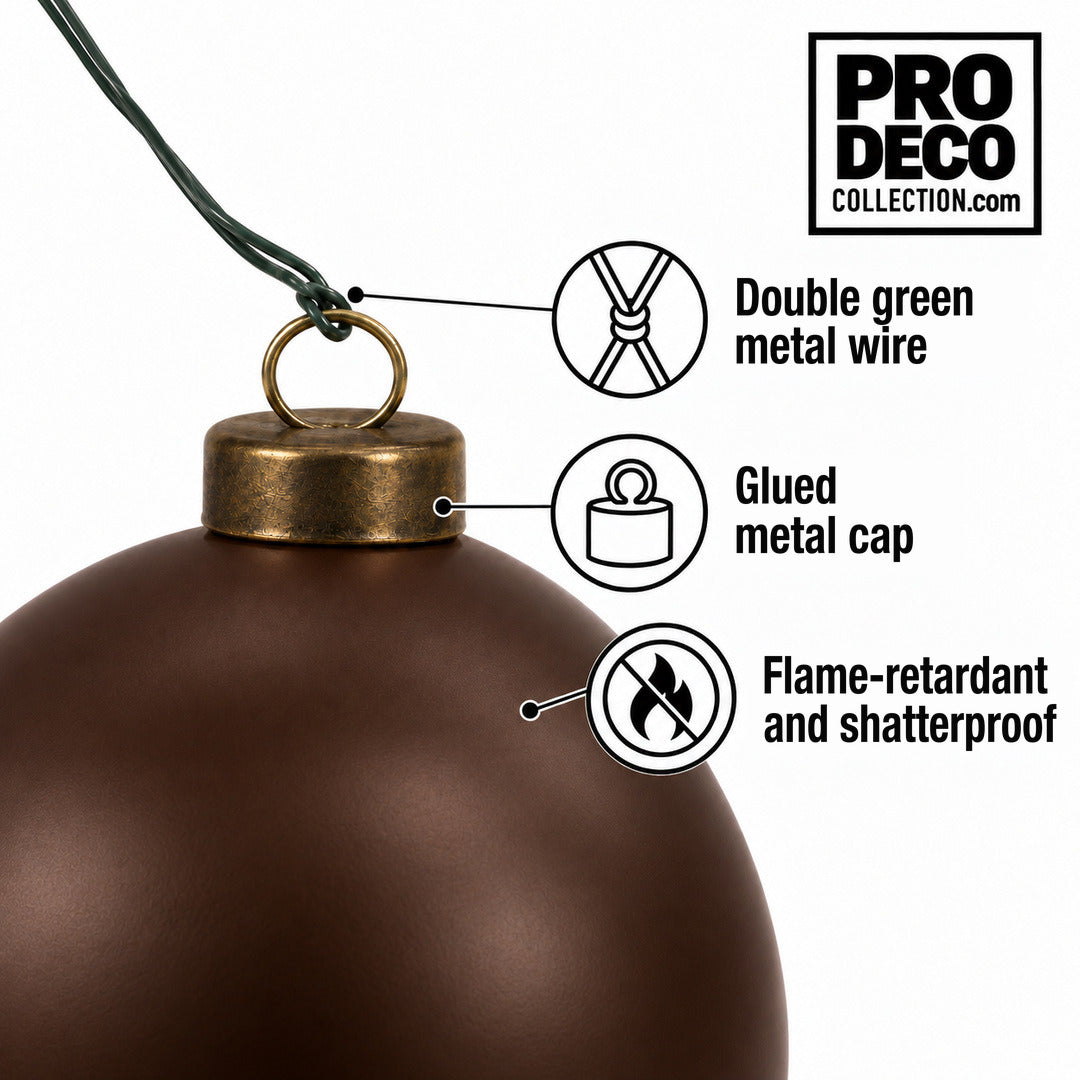 Pro Deco Collection Christmas bauble, brown matt, 8 cm diameter, detail of the metal cap and green fixing wire