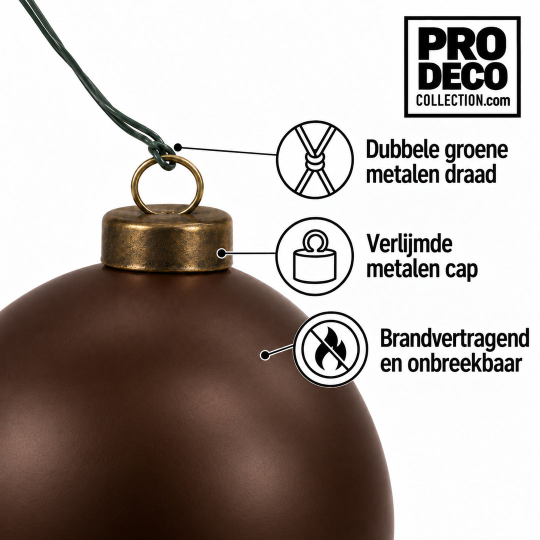 Pro Deco Collection kerstbal bruin mat, diameter 8 cm, detail van metalen cap en groene bevestigingsdraad