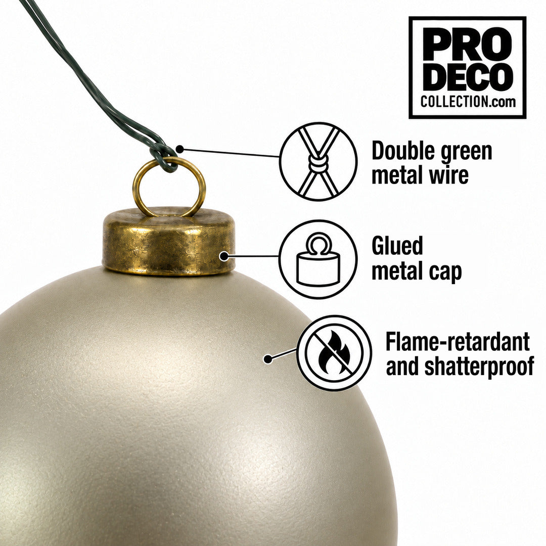 Pro Deco Collection Christmas bauble, champagne matt, 10 cm diameter, detail of the metal cap and green fixing wire