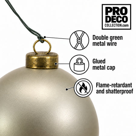 Pro Deco Collection Christmas bauble, champagne matt, 10 cm diameter, detail of the metal cap and green fixing wire