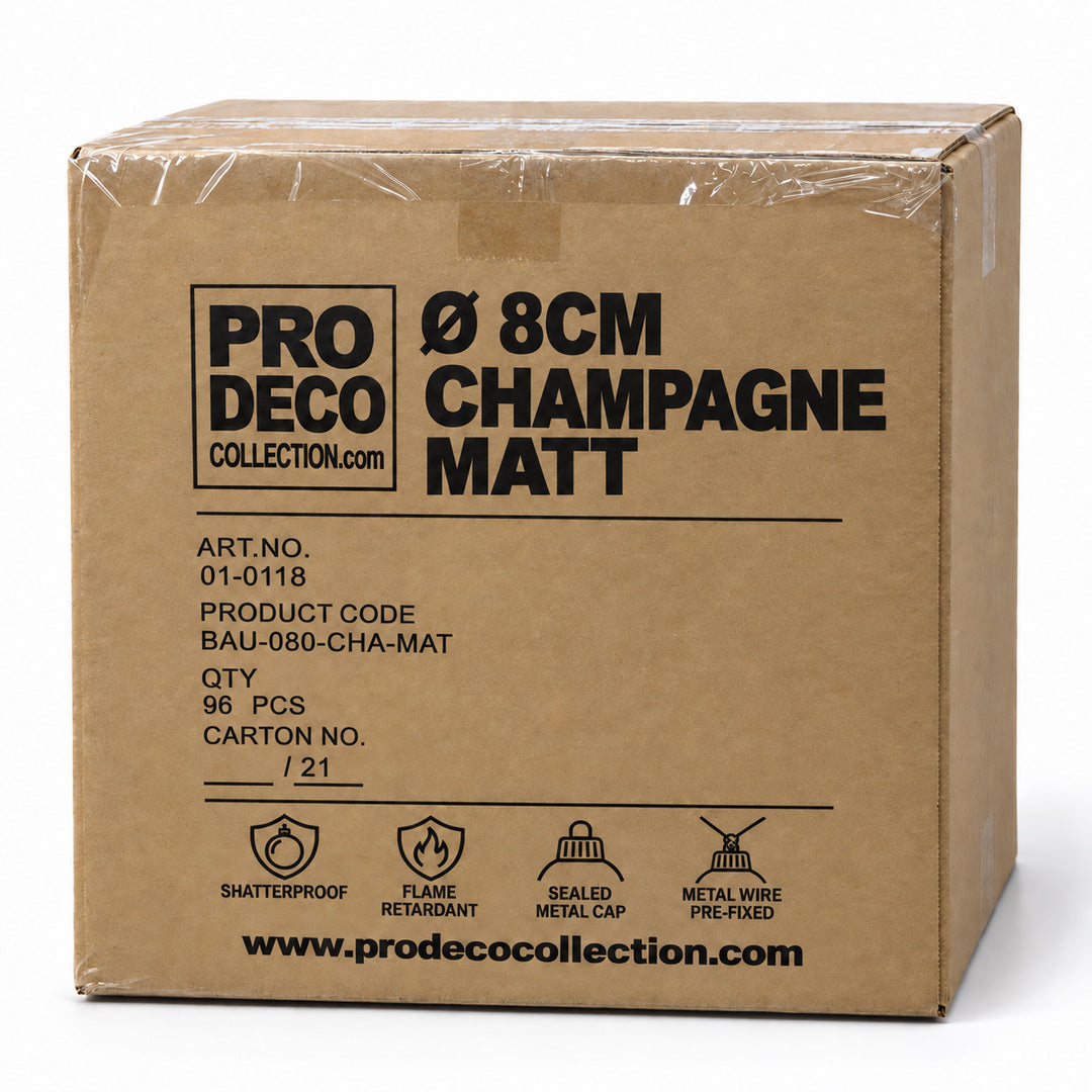 Pro Deco Collection kerstbal champagne mat, diameter 8 cm, omdoos met 96 stuks, artikel 01-0118