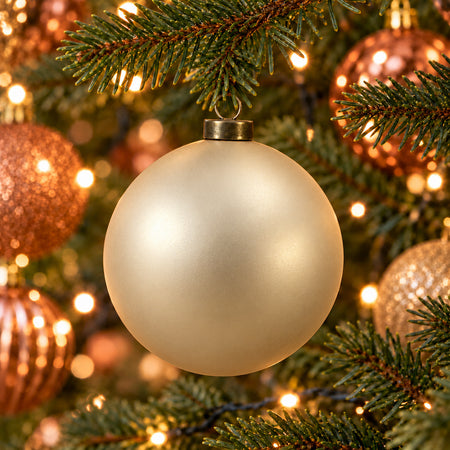 Pro Deco Collection kerstbal champagne mat, diameter 8 cm, hangend in een kerstboom met warm witte verlichting