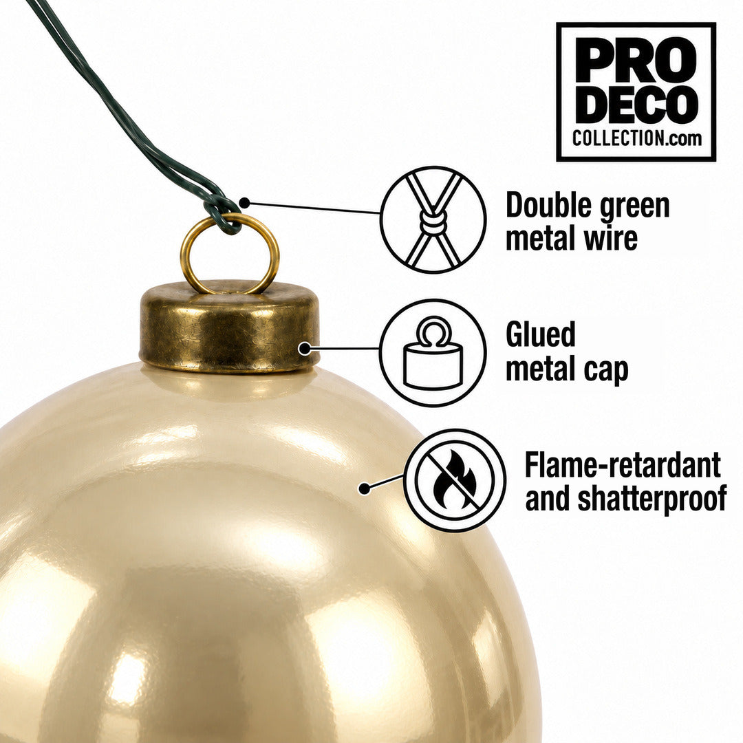 Pro Deco Collection Christmas bauble, champagne pearl, 20 cm diameter, detail of the metal cap and green fixing wire