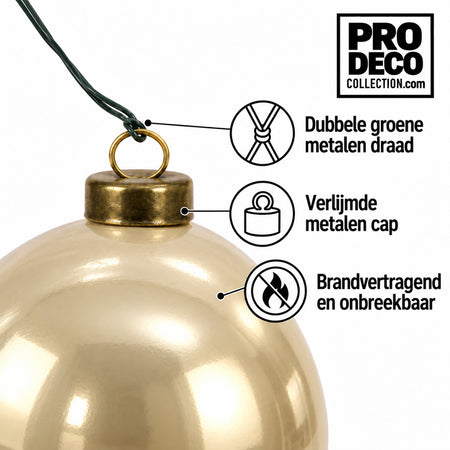 Pro Deco Collection kerstbal champagne parelmoer, diameter 8 cm, detail van metalen cap en groene bevestigingsdraad
