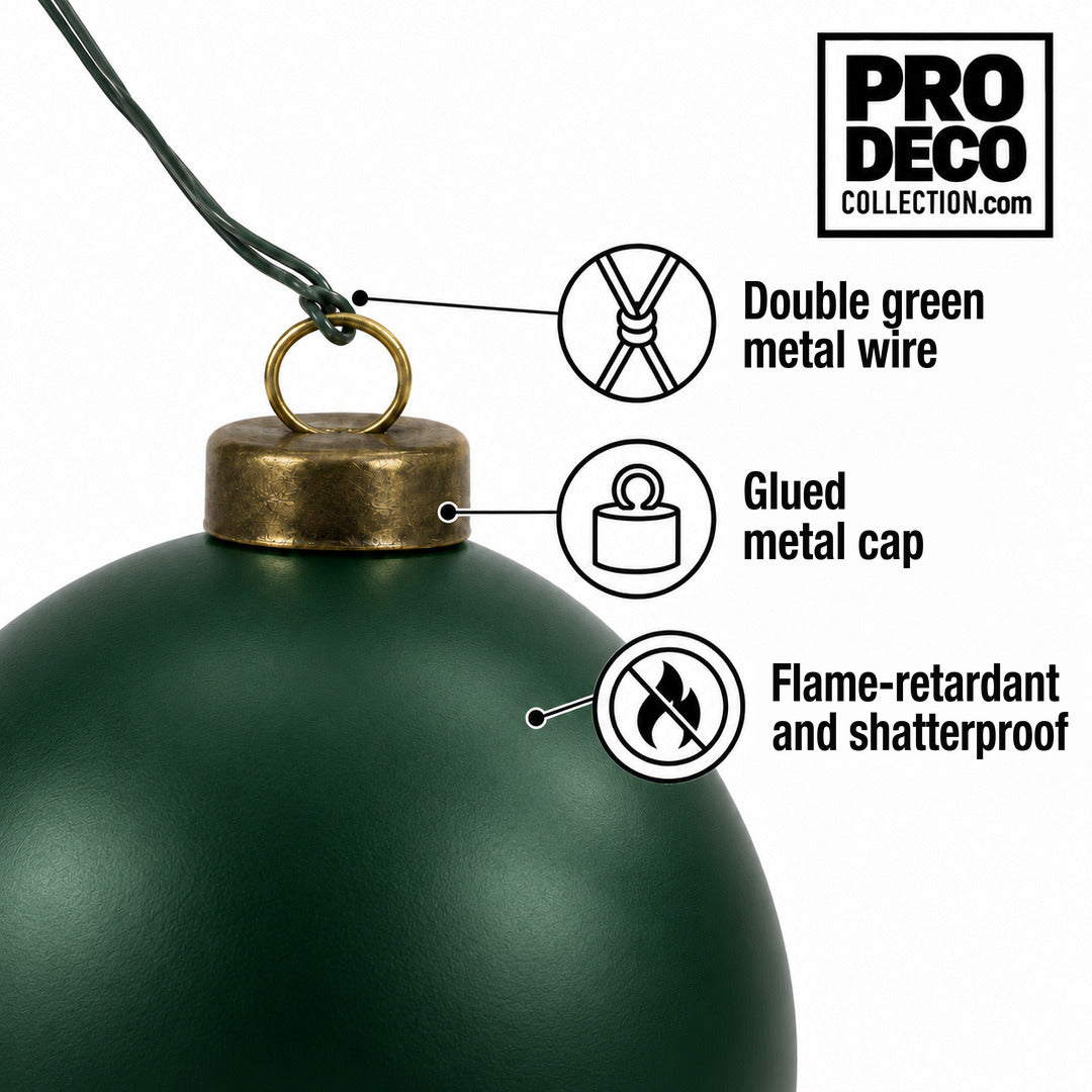 Pro Deco Collection Christmas bauble, dark green matt, 10 cm diameter, detail of the metal cap and green fixing wire