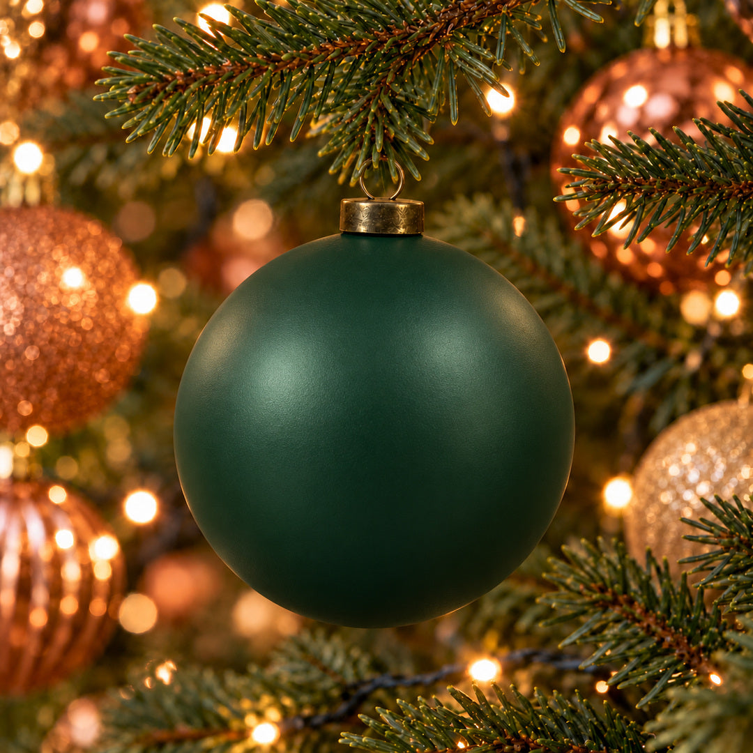 Pro Deco Collection Christmas bauble, dark green matt, 8 cm diameter, hanging in a Christmas tree with warm white lights