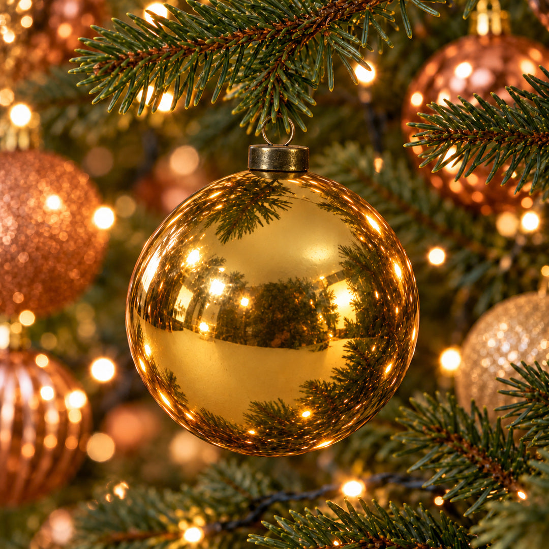 Pro Deco Collection kerstbal goud glans, diameter 12 cm, hangend in een kerstboom met warm witte verlichting