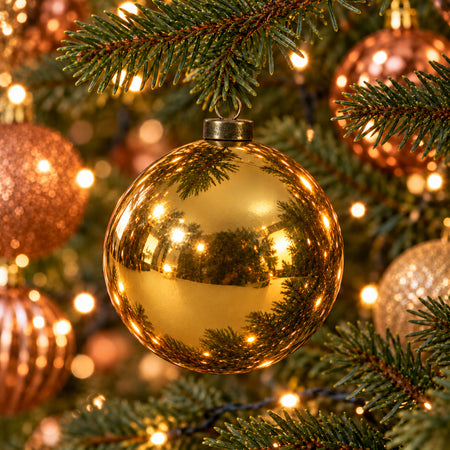 Pro Deco Collection kerstbal goud glans, diameter 12 cm, hangend in een kerstboom met warm witte verlichting