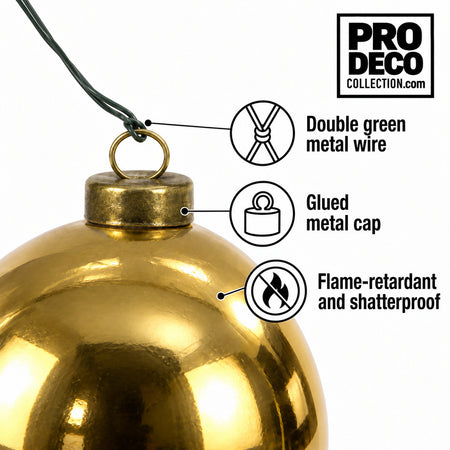 Pro Deco Collection Christmas bauble, gold shiny, 8 cm diameter, detail of the metal cap and green fixing wire