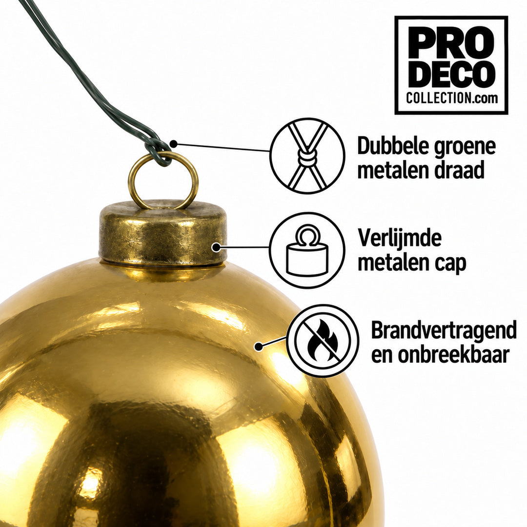 Pro Deco Collection kerstbal goud glans, diameter 8 cm, detail van metalen cap en groene bevestigingsdraad