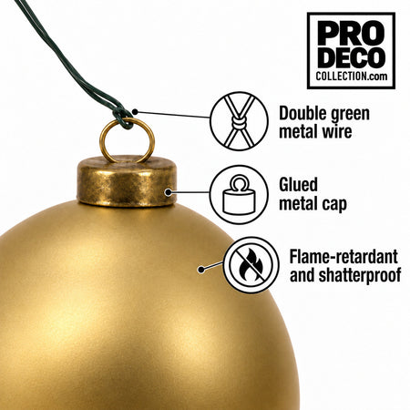 Pro Deco Collection Christmas bauble, gold matt, 10 cm diameter, detail of the metal cap and green fixing wire
