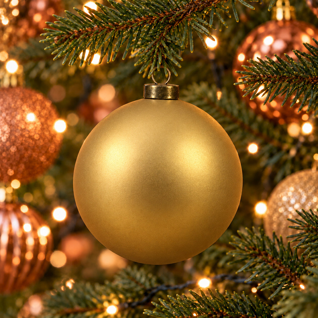 Pro Deco Collection kerstbal goud mat, diameter 15 cm, hangend in een kerstboom met warm witte verlichting