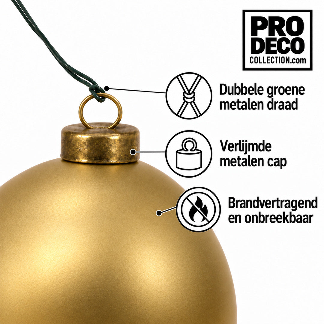 Pro Deco Collection kerstbal goud mat, diameter 15 cm, detail van metalen cap en groene bevestigingsdraad