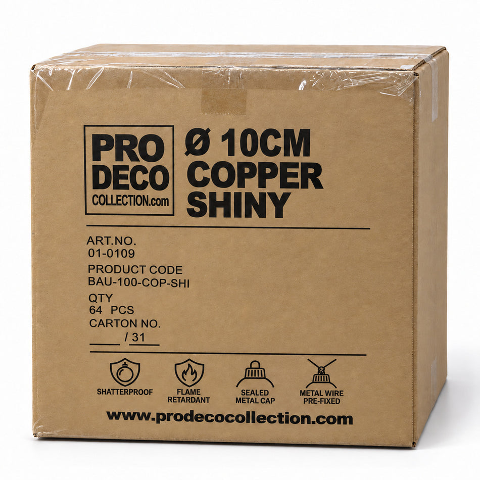 Pro Deco Collection Christmas bauble, copper shiny, 10 cm diameter, outer carton with 64 pieces, article 01-0109