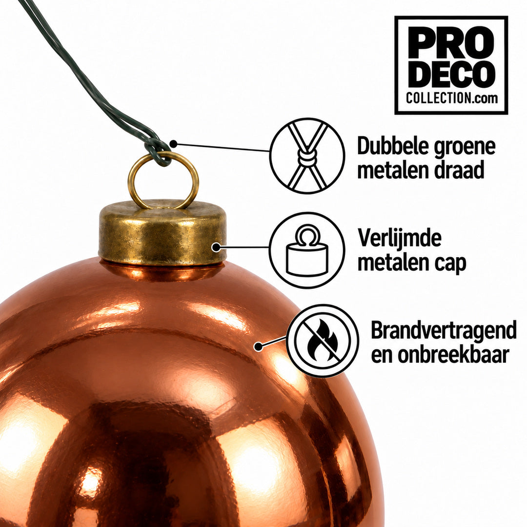 Pro Deco Collection kerstbal koper glans, diameter 10 cm, detail van metalen cap en groene bevestigingsdraad