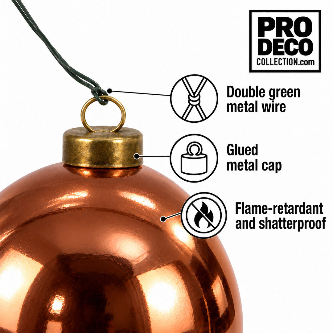 Pro Deco Collection Christmas bauble, copper shiny, 8 cm diameter, detail of the metal cap and green fixing wire