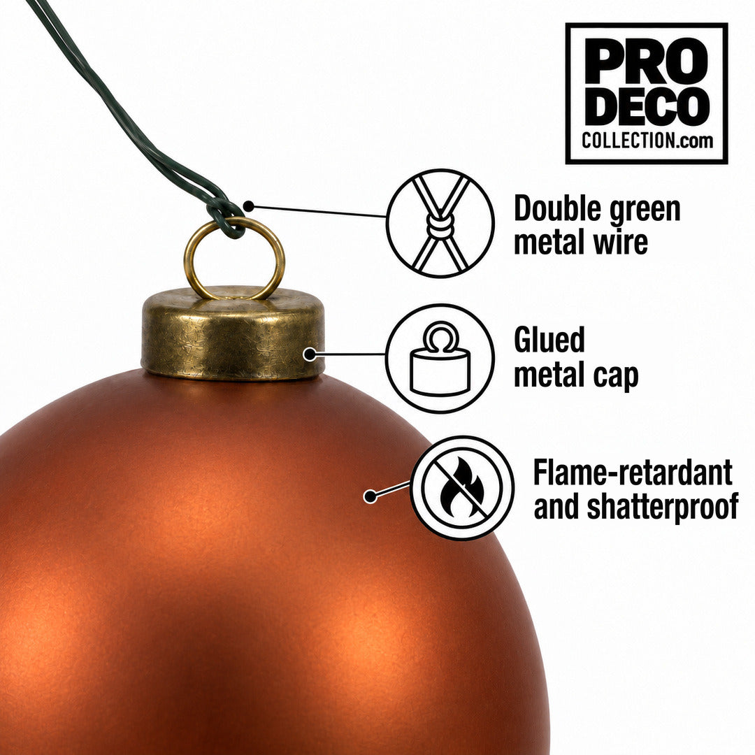 Pro Deco Collection Christmas bauble, copper matt, 15 cm diameter, detail of the metal cap and green fixing wire
