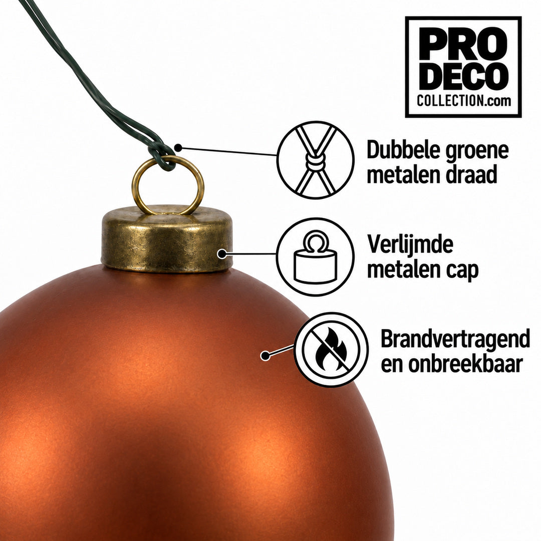 Pro Deco Collection kerstbal koper mat, diameter 8 cm, detail van metalen cap en groene bevestigingsdraad