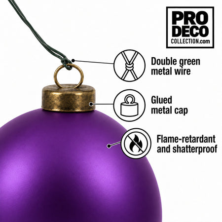 Pro Deco Collection Christmas bauble, purple matt, 8 cm diameter, detail of the metal cap and green fixing wire