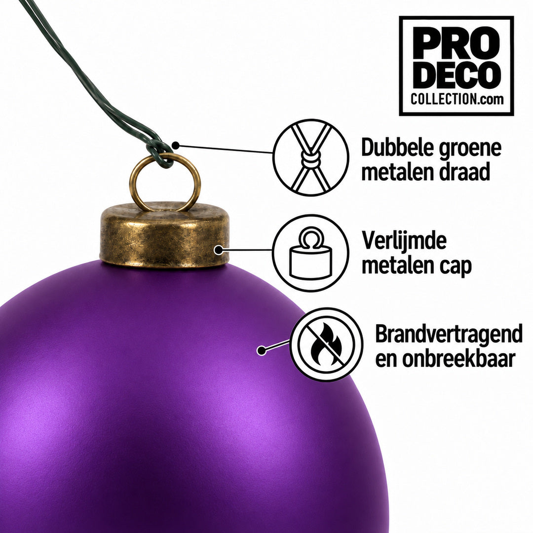 Pro Deco Collection kerstbal paars mat, diameter 8 cm, detail van metalen cap en groene bevestigingsdraad