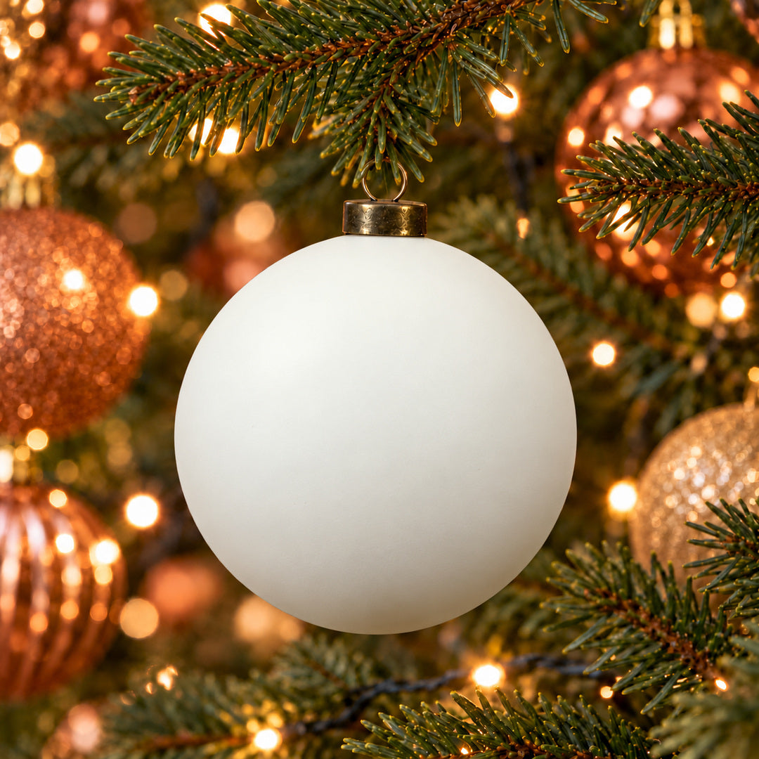 Pro Deco Collection Christmas bauble, pearly white matt, 8 cm diameter, hanging in a Christmas tree with warm white lights
