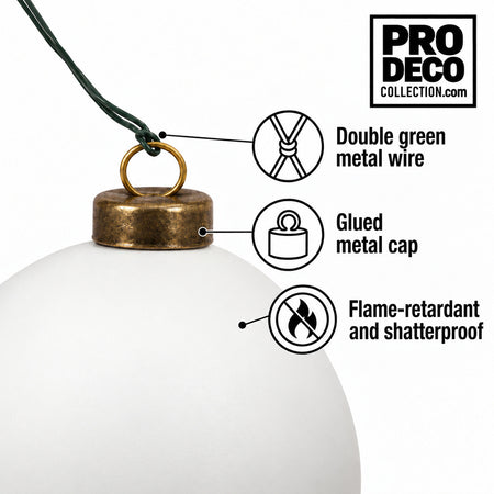 Pro Deco Collection Christmas bauble, pearly white matt, 8 cm diameter, detail of the metal cap and green fixing wire