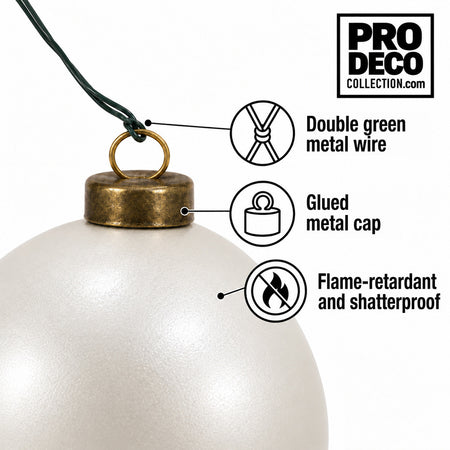 Pro Deco Collection Christmas bauble, pearly white pearl, 10 cm diameter, detail of the metal cap and green fixing wire