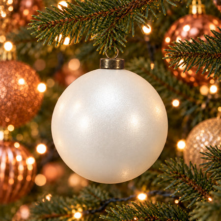 Pro Deco Collection Christmas bauble, pearly white pearl, 8 cm diameter, hanging in a Christmas tree with warm white lights