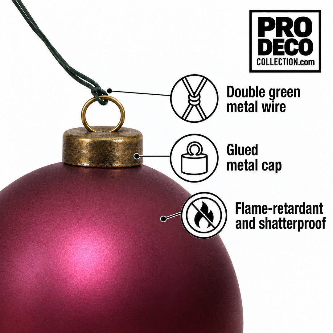 Pro Deco Collection Christmas bauble, ruby matt, 10 cm diameter, detail of the metal cap and green fixing wire