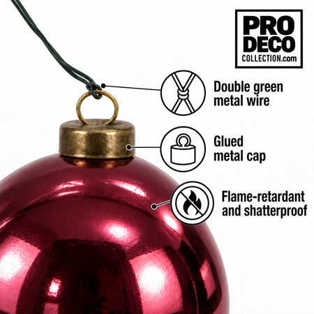 Pro Deco Collection Christmas bauble, ruby metallic, 10 cm diameter, detail of the metal cap and green fixing wire