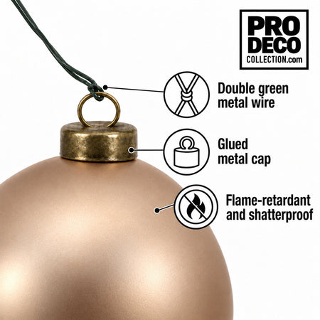 Pro Deco Collection Christmas bauble, rose gold matt, 10 cm diameter, detail of the metal cap and green fixing wire