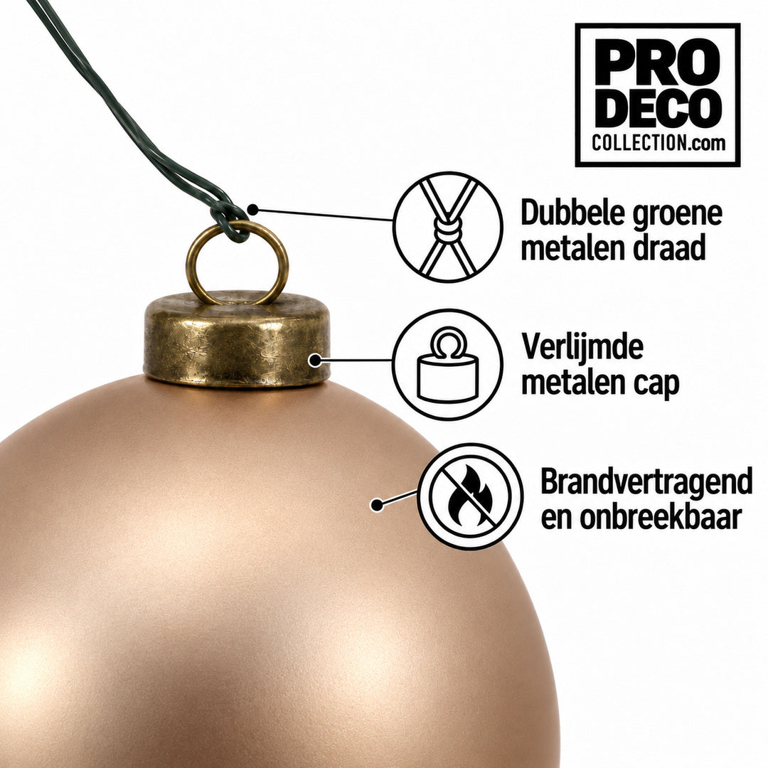 Pro Deco Collection kerstbal rosegoud mat, diameter 10 cm, detail van metalen cap en groene bevestigingsdraad