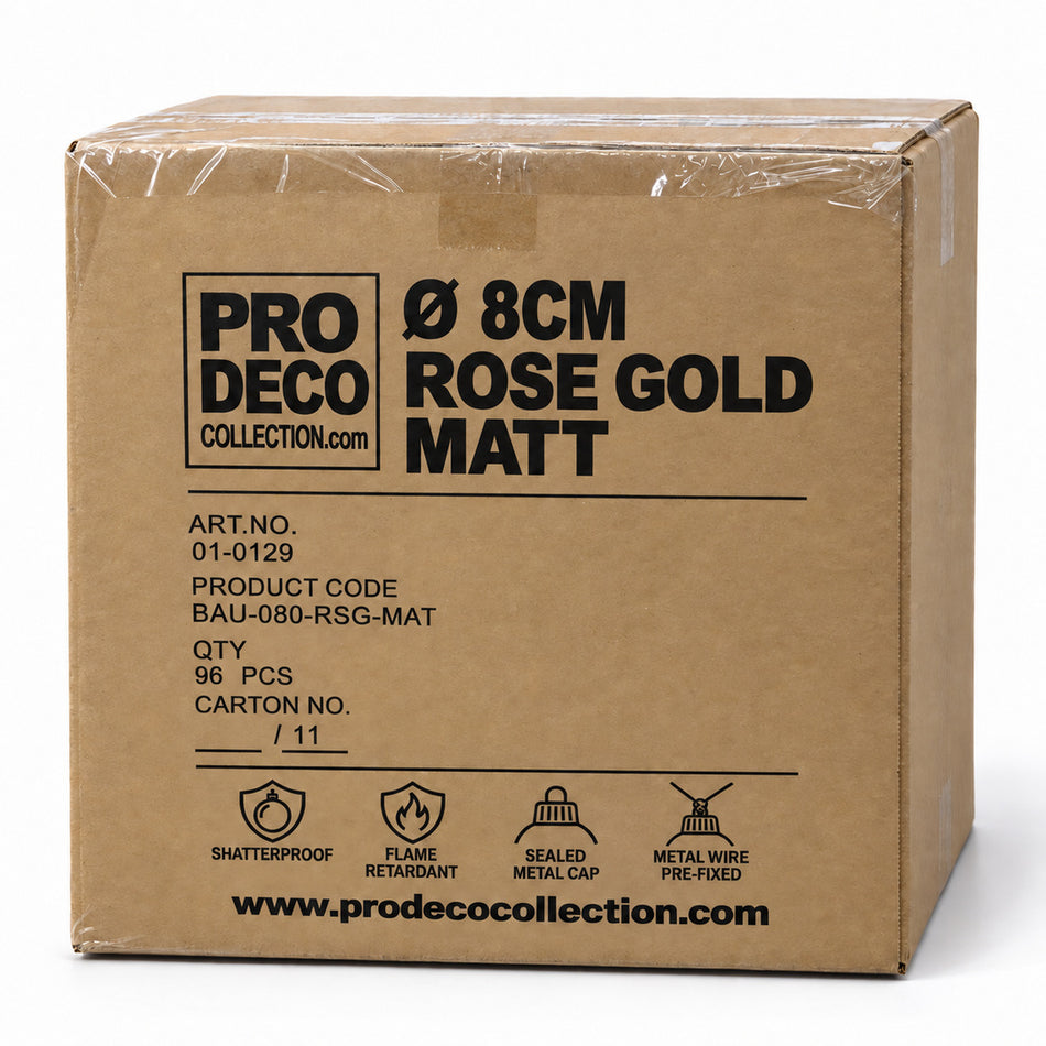 Pro Deco Collection kerstbal rosegoud mat, diameter 8 cm, omdoos met 96 stuks, artikel 01-0129