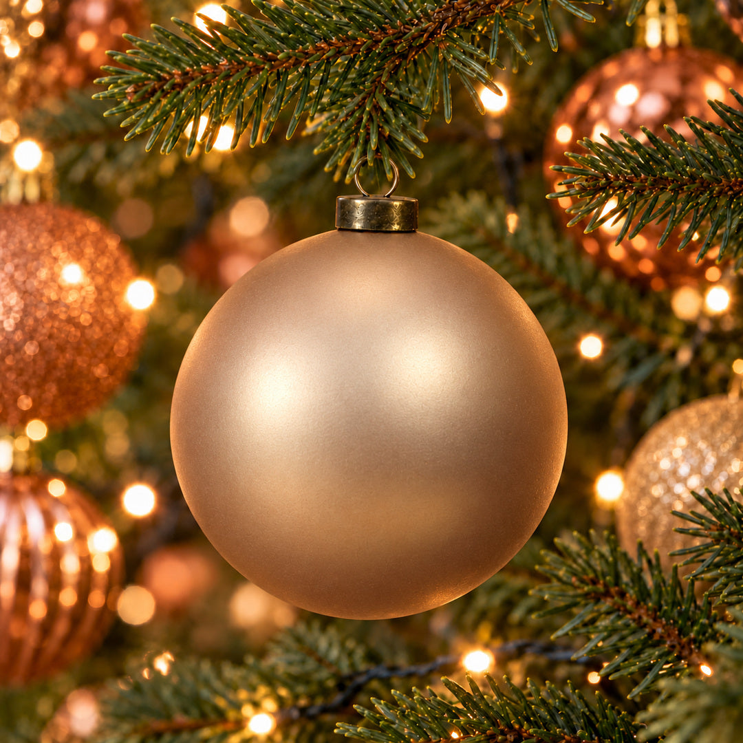 Pro Deco Collection Christmas bauble, rose gold matt, 8 cm diameter, hanging in a Christmas tree with warm white lights
