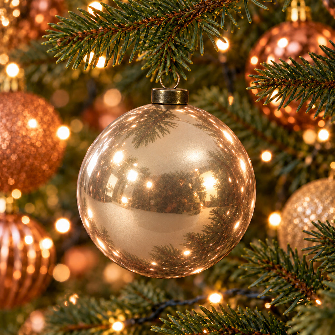 Pro Deco Collection kerstbal rosegoud parelmoer, diameter 10 cm, hangend in een kerstboom met warm witte verlichting
