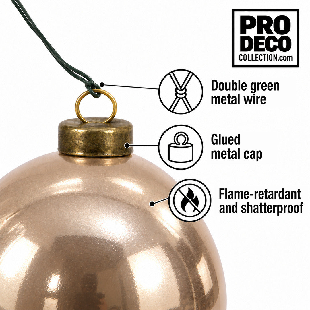 Pro Deco Collection Christmas bauble, rose gold pearl, 10 cm diameter, detail of the metal cap and green fixing wire