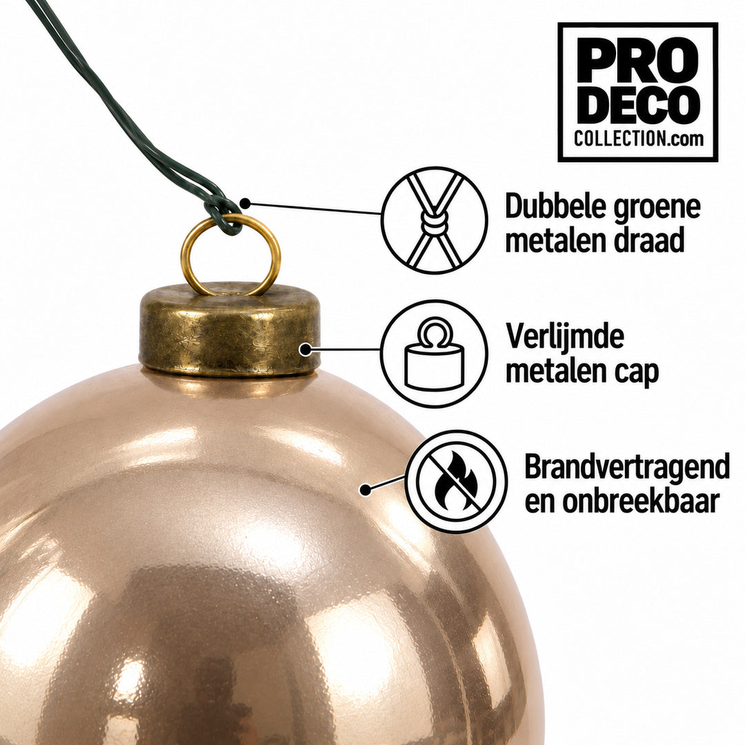 Pro Deco Collection kerstbal rosegoud parelmoer, diameter 10 cm, detail van metalen cap en groene bevestigingsdraad
