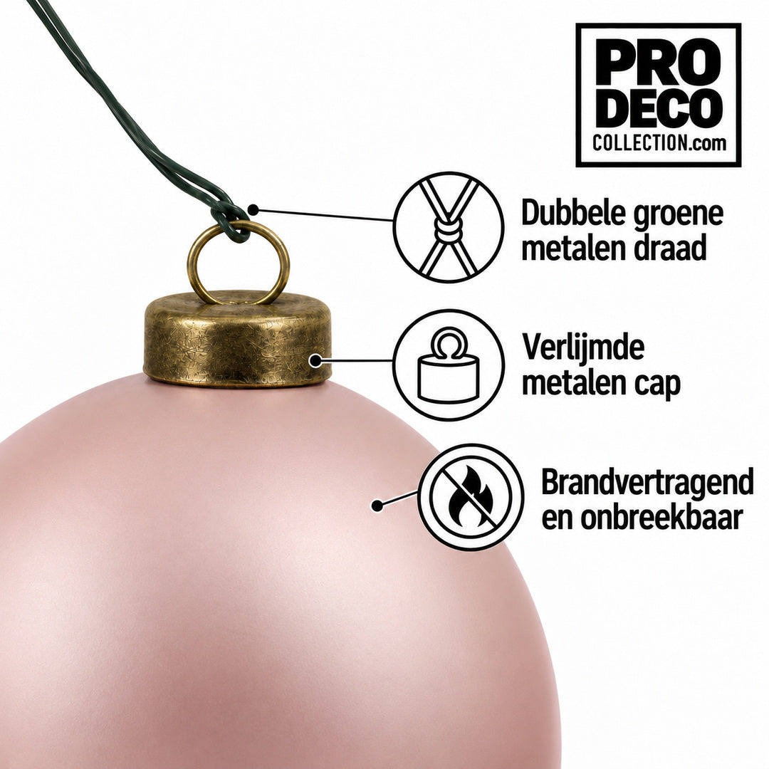 Pro Deco Collection kerstbal roze mat, diameter 10 cm, detail van metalen cap en groene bevestigingsdraad
