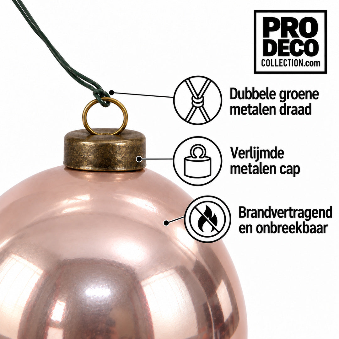 Pro Deco Collection kerstbal roze parelmoer, diameter 10 cm, detail van metalen cap en groene bevestigingsdraad