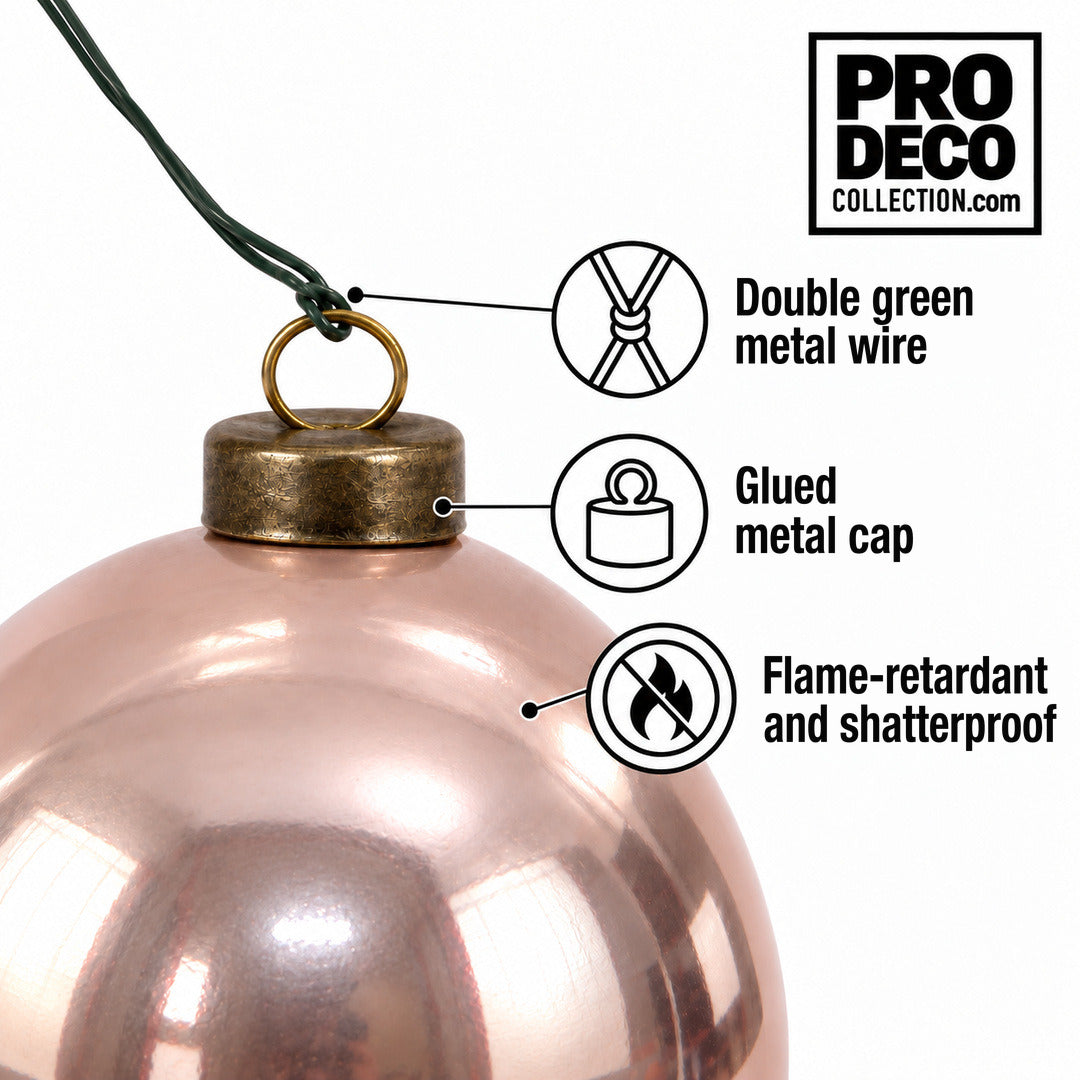 Pro Deco Collection Christmas bauble, pink pearl, 8 cm diameter, detail of the metal cap and green fixing wire