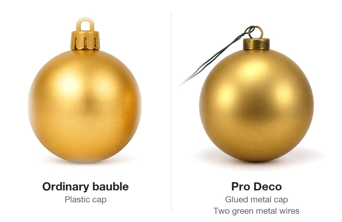 Ordinary bauble with a plastic cap next to a Pro Deco bauble with a glued metal cap and two green metal wires