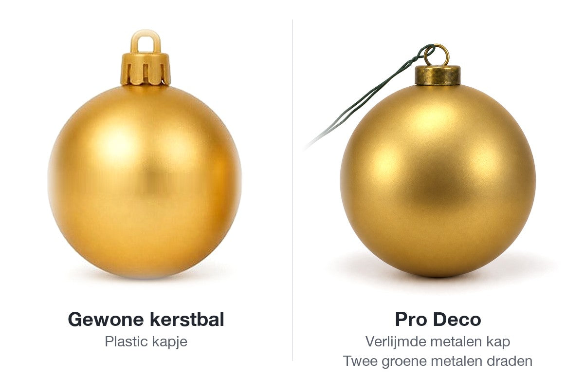 Ordinary bauble with a plastic cap next to a Pro Deco bauble with a glued metal cap and two green metal wires